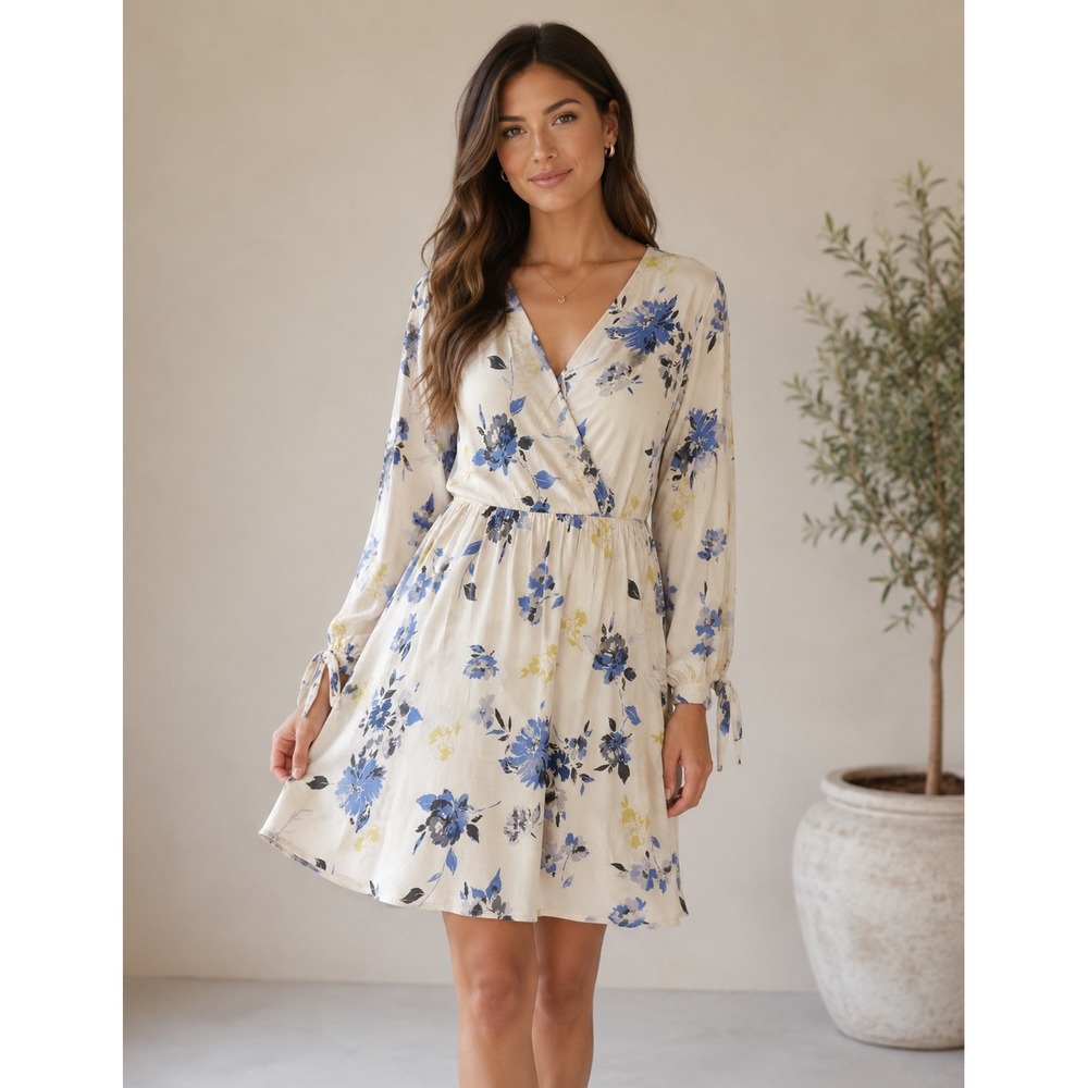 Lush Floral Cold Shoulder Wrap Dress XS Peach Blue Long Sleeve Tie Cuff DR94579